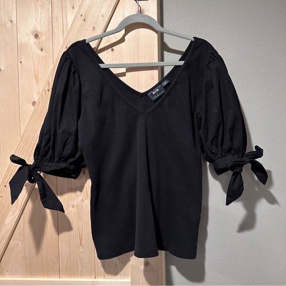 Maeve Anthropologie Blouse Women’s XL Black Puff Sleeved Ribbed Tie Short Sleeve - Picture 3 of 10